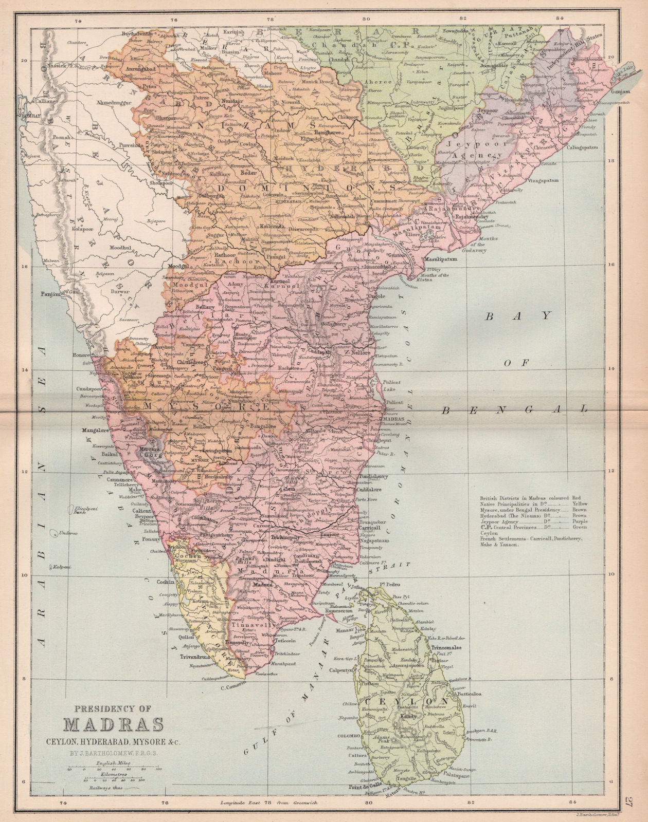 BRITISH INDIA SOUTH 'Madras Presidency' Mysore Ceylon Coromandel Coast 1878 map